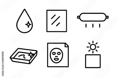 Spot UV coating outline icon set. Vector icons for print finishing process. Includes gloss varnish drop, matte surface, UV lamp, coating tray, mask film, and curing symbols.