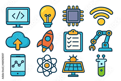 Technology icon set. Science concepts. Vector cartoon symbols for innovation, research, development. Code, idea, CPU, wifi, cloud, rocket, robot arm, data, atom, solar panel.