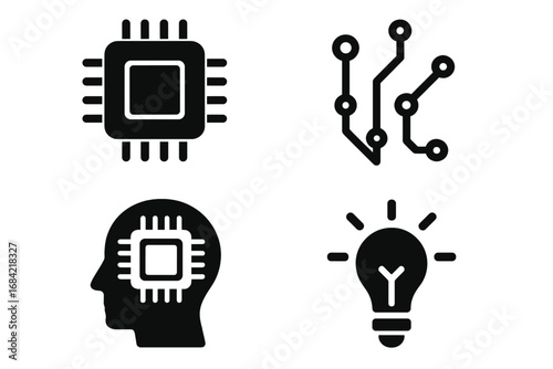 Technology and AI solid icon set with microchip, circuit, innovation, and idea light bulb symbols in modern vector cartoon style with transparent background, ordered set of 4