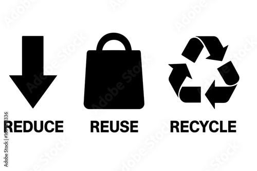Reduce, Reuse, Recycle icon set. The three R's of waste hierarchy for environmental conservation. Ecology and sustainability concept. Vector graphic symbol for zero waste living.