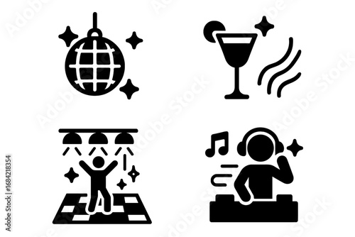 McBling party solid icon set. Y2K nightlife concept with disco ball, cocktail drink, person on dance floor and DJ at turntable. Nightclub celebration vector icons.