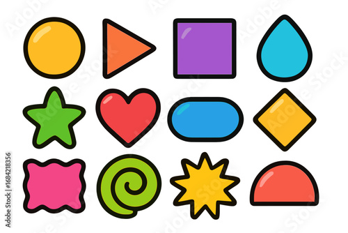 Colorful geometric shapes set. Vector cartoon icons for modern graphic design. Glossy basic elements: circle, star, heart, square. Abstract button and sticker pack for web.