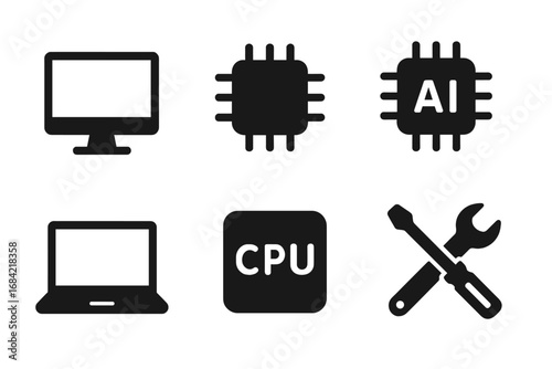 Technology hardware solid icon set with computer, chip, CPU, AI processor, laptop, and repair tools vector cartoon illustration, transparent background, ordered icons collection
