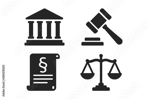 Law and justice icon set. Solid glyph symbols for court, legal system, and legislation. Includes courthouse, judge's gavel, paragraph bill, and scales of justice vector icons.