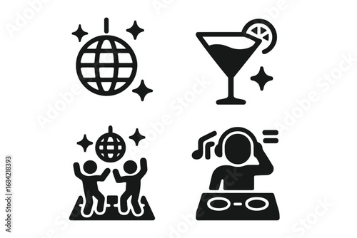 McBling party icon set. Y2K 2000s aesthetic solid glyphs. Disco ball, cocktail, dancing people, DJ icons for nightlife, music festival, celebration vector graphics.