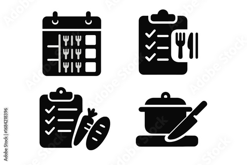 Meal planning solid icon set. Weekly food planner calendar, diet schedule checklist, grocery shopping list, cooking and food prep vector glyphs for healthy lifestyle.