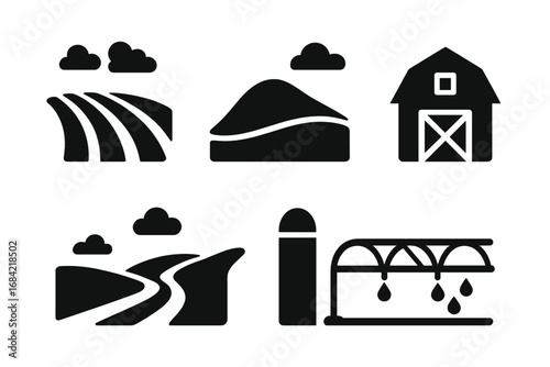 Terrain icon set including farmland, rolling hill, dirt road, barn, silo, and irrigation system, solid filled vector illustration, agricultural landscape symbols, cartoon style
