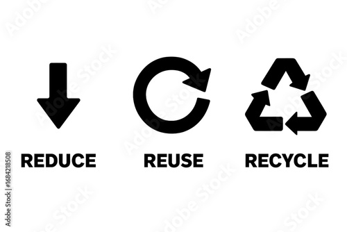 Reduce, Reuse, Recycle icon set. Vector symbols for sustainability, environmental awareness, ecology, and zero waste concept. Circular economy and waste management pictogram.