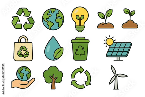 Green energy and ecology icon set. Sustainability, recycling, and conservation symbols. Eco-friendly vector graphic collection for environmental awareness and action. Planet care.