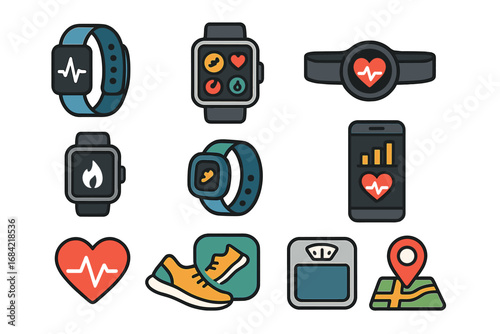 Fitness icon collection. Wearable technology for health tracking. Smart watch, heart rate monitor, calorie counter, step tracker, gps navigation. Sport and wellness vector set.