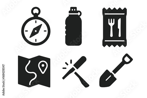 Survival gear solid icon set. Camping, hiking, outdoor adventure vector glyphs. Equipment pictograms including compass, map, water bottle, food ration, firestarter, shovel.