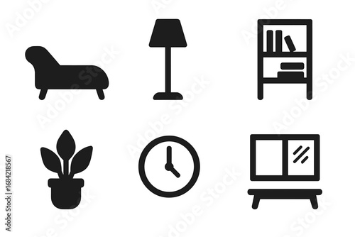 Therapy room icons solid filled vector set with therapy couch, floor lamp, bookshelf, potted plant, wall clock, window, coffee table, calming interior elements, mental health space design