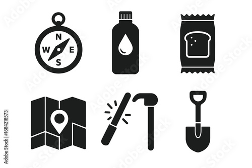 Survival icon set. Solid glyph vector icons for emergency preparedness kit. Compass, map, water, food ration, fire starter, shovel for camping, hiking, adventure gear.