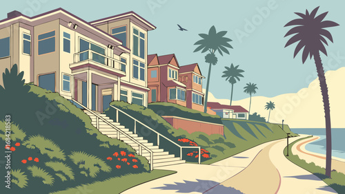 Coastal Houses Ocean View Summer Vacation Palm Trees Illustrated Artwork.