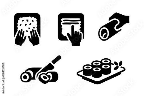 Sushi making process icon set. Step-by-step instructions for preparing Japanese food. Vector glyphs showing rice spreading, rolling, slicing, and plating maki rolls.