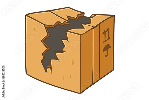 Broken box vector icon. Damaged fragile parcel cartoon illustration. Shipping problem or delivery issue. Poor service, transport mistake concept. Carton with hole isolated sign.