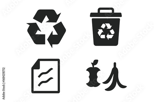 Recycling and composting solid icon set. Waste sorting and separation symbols. Vector glyph collection of recycle sign, paper waste, trash bin, and organic food scraps.