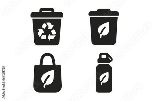 Sustainable Action Icons Set, Solid Filled Vector Illustrations of Customer Eco-Friendly Behaviors Including Recycling Bin, Compost Bin, Reusable Bag, and Eco Water Bottle on Transparent Background