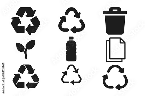 Recycling vector icons set. Solid glyph symbols for waste sorting and management. Eco friendly concept with recycle arrows, trash bin, plastic bottle, paper, and compost sign.