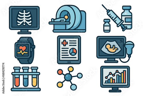Medical and science icon set. Health technology, data analysis tools for modern healthcare. Vector cartoon illustration with X-ray, MRI, vaccine, ultrasound and lab test icons.