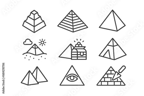 Pyramid icon set vector collection. Ancient Egypt, Giza, Mayan, Aztec landmarks. Pharaoh's tomb, desert treasure, Eye of Providence, Illuminati symbol. Line art illustration.