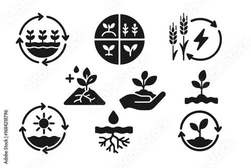 Sustainable Agriculture Icons, Solid Filled Vector Set of Crop Rotation, Soil Health, Plant Growth, Renewable Energy Cycle, Water and Sunlight, Eco Farming Symbols