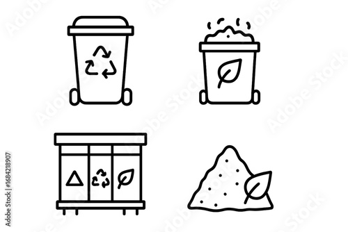 Recycling and composting vector icon set. Outline icons for waste management including recycling bin, compost container, garbage sorting station, and organic fertilizer.