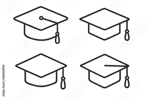 Graduation cap vector icon set. Academic mortarboard outline symbols. Simple linear illustration for education, university, college. Student degree, knowledge, learning concept.