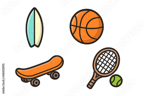 Sports equipment icon set with surfboard, basketball, skateboard, and tennis racket. Vector cartoon graphic of summer activities and hobbies for a healthy and active lifestyle.