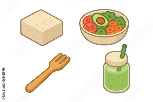 Isometric Vegan Meal Prep Icons Set with Tofu Block, Colorful Veggie Bowl, Wooden Fork, Green Smoothie Jar, Flat Vector Cartoon Illustrations for Healthy Food and Lifestyle