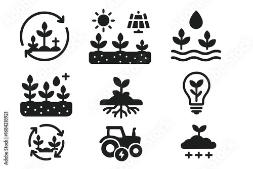 Sustainable Agriculture Icons Solid Filled Icon Set of Crop Rotation, Energy Cycle, Soil Health, Solar Energy, Irrigation, Roots, Tractor and Innovation Vector Illustration on Transparent Background