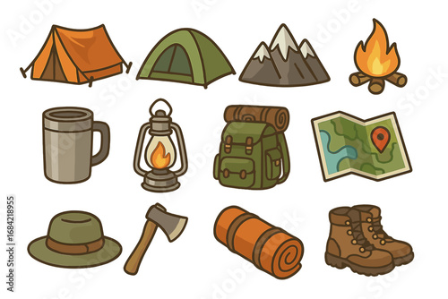 Camping and hiking icon set. Outdoor adventure equipment vector cartoon collection. Tent, mountain, campfire, backpack, boots, map and lantern for nature and travel clipart.