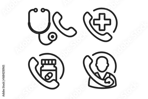 Telemedicine line icon set. Medical advice online, remote doctor consultation, virtual healthcare support hotline concept. Phone, stethoscope, medical cross, pill bottle icons.