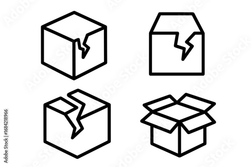Broken box outline icon set. Damaged package, delivery problem, fragile cargo concept. Shipping insurance claim. Open empty carton. Vector line art illustration for web, app.
