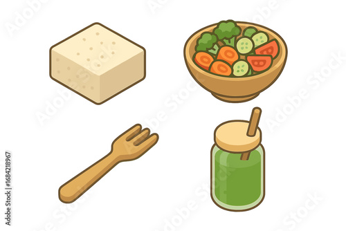 Isometric Vegan Meal Prep Icons Set with Tofu Block, Fresh Veggie Bowl, Wooden Fork, and Green Smoothie Jar, Flat Design Vector Cartoon Illustrations for Healthy Lifestyle and Plant-Based Diet