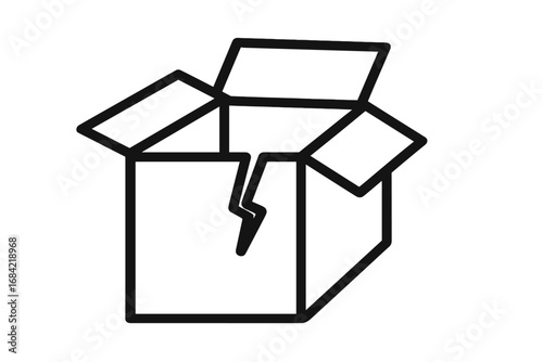 Broken box icon. Damaged package symbol. Fragile shipping and handling sign. Delivery problem or error concept. Defective product return vector illustration. Cracked open carton.