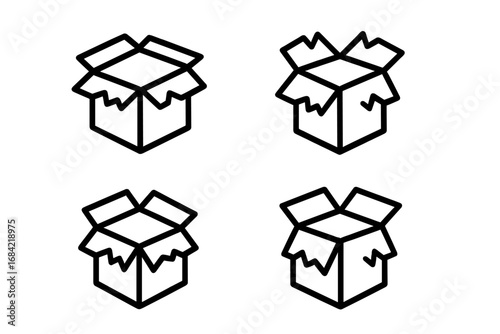 Broken box icon set. Damaged package symbol. Fragile delivery concept. Linear signs for shipping, logistics, web design. Vector illustration of open empty cardboard boxes.
