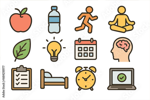 Healthy lifestyle and work-life balance icon set. Wellness, productivity, and daily routine symbols. Vector icons for fitness, diet, sleep, meditation, and mental health.