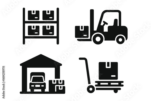 Warehouse icons set with solid filled style including storage racks, forklift, loading dock, pallet jack, shipping, logistics and inventory management vector illustration