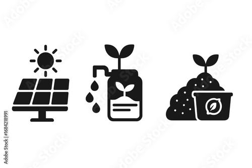 Sustainable agriculture icons set with solar panel, rainwater harvesting, composting, eco farming technology, organic growing, renewable energy for green farming and environment