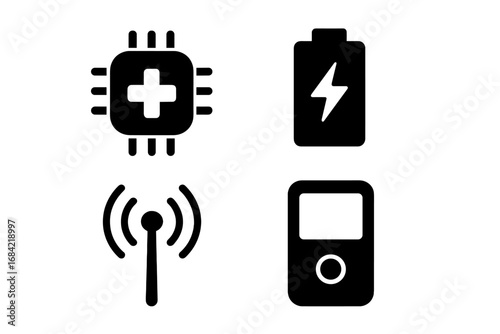 Medical device components icon set. Health technology solid glyphs for digital health. Vector icons of medtech sensor chip, battery, wireless antenna, and monitor screen.