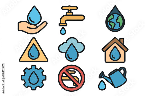 Water conservation icons set, save water resources, sustainable water usage, drop symbols, faucet, eco-friendly, home water saving, environment protection, vector cartoon illustration