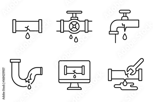 Broken pipe line icon set. Plumbing repair and service concept. Leaking water pipe, dripping faucet, cracked pipeline and valve symbols for emergency plumber service.