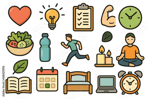 Healthy lifestyle and work-life balance icon set. Vector collection of wellness, fitness, and productivity symbols. Self-care, daily routine, and time management concept.