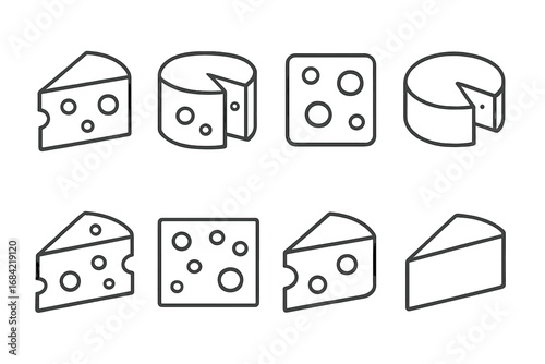 Cheese icon set. Linear collection of cheese slices, wedges, and wheels. Swiss, cheddar, parmesan symbols. Dairy food outline vector illustration for logo, menu, or web design.