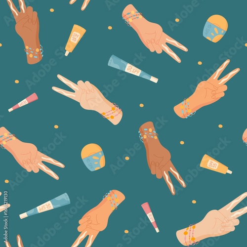 Flat seamless pattern with two finger rule hand shape, sunscreen, spf cream bottle, sunblock lotion, tube on blue background. Summer body product in cartoon flat style, cosmetic care, dermatology