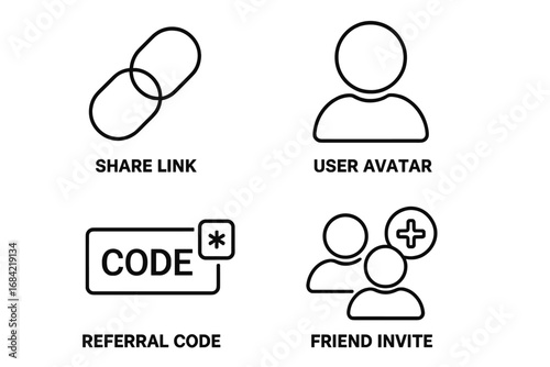 Referral program line icons. Affiliate marketing vector symbols. Customer acquisition, share link, user avatar, promo code, friend invite. Partnership & loyalty program.