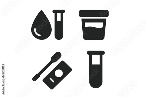 Medical testing icon set. Lab diagnostics symbols for blood test, urine sample, PCR swab, and specimen analysis. Vector glyph pictograms for healthcare and laboratory concepts.