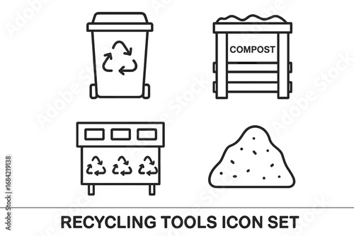 Recycling tools outline icon set. Vector icons for composting, waste sorting, and segregation. Includes recycling bin, compost bin, sorting station. Zero waste, sustainability concept.