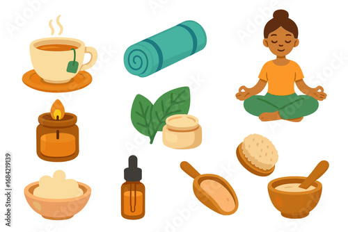 Wellness and self-care icon set. Yoga meditation, tea, candle, essential oil. Natural cosmetics, cream, body brush for relaxation and mindful lifestyle. Vector flat cartoon.
